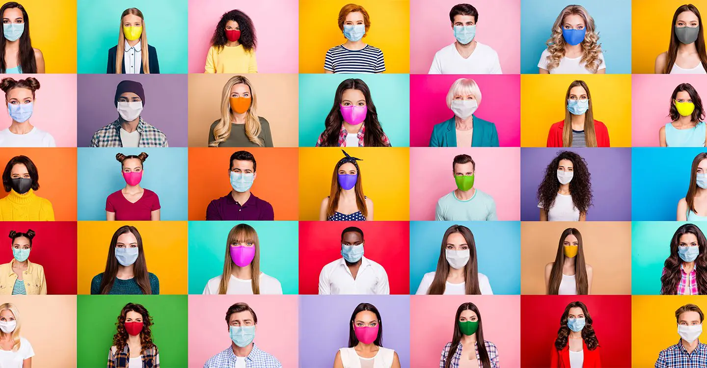 Colorful images collaged together of people wearing masks because of Covid-19