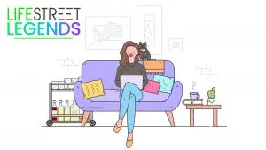 LifeStreet Legends cartoon drawing of Jess, a woman on a couch while on her laptop with her cat next to her
