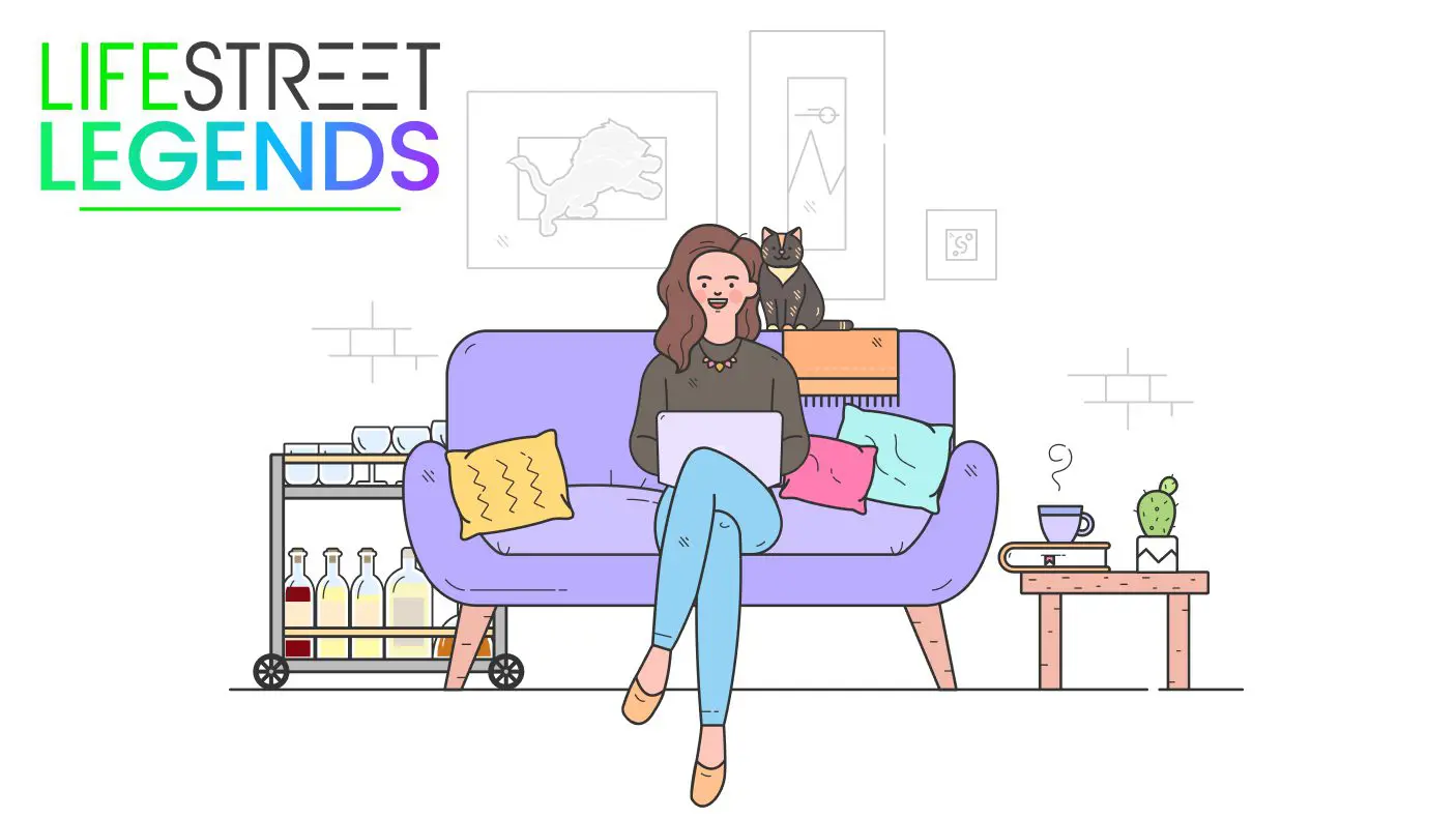 LifeStreet Legends cartoon drawing of Jess, a woman on a couch while on her laptop with her cat next to her