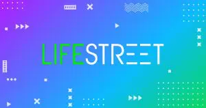 Purple to blue to green gradient going from left to right diagonally with the LifeStreet Logo in the center