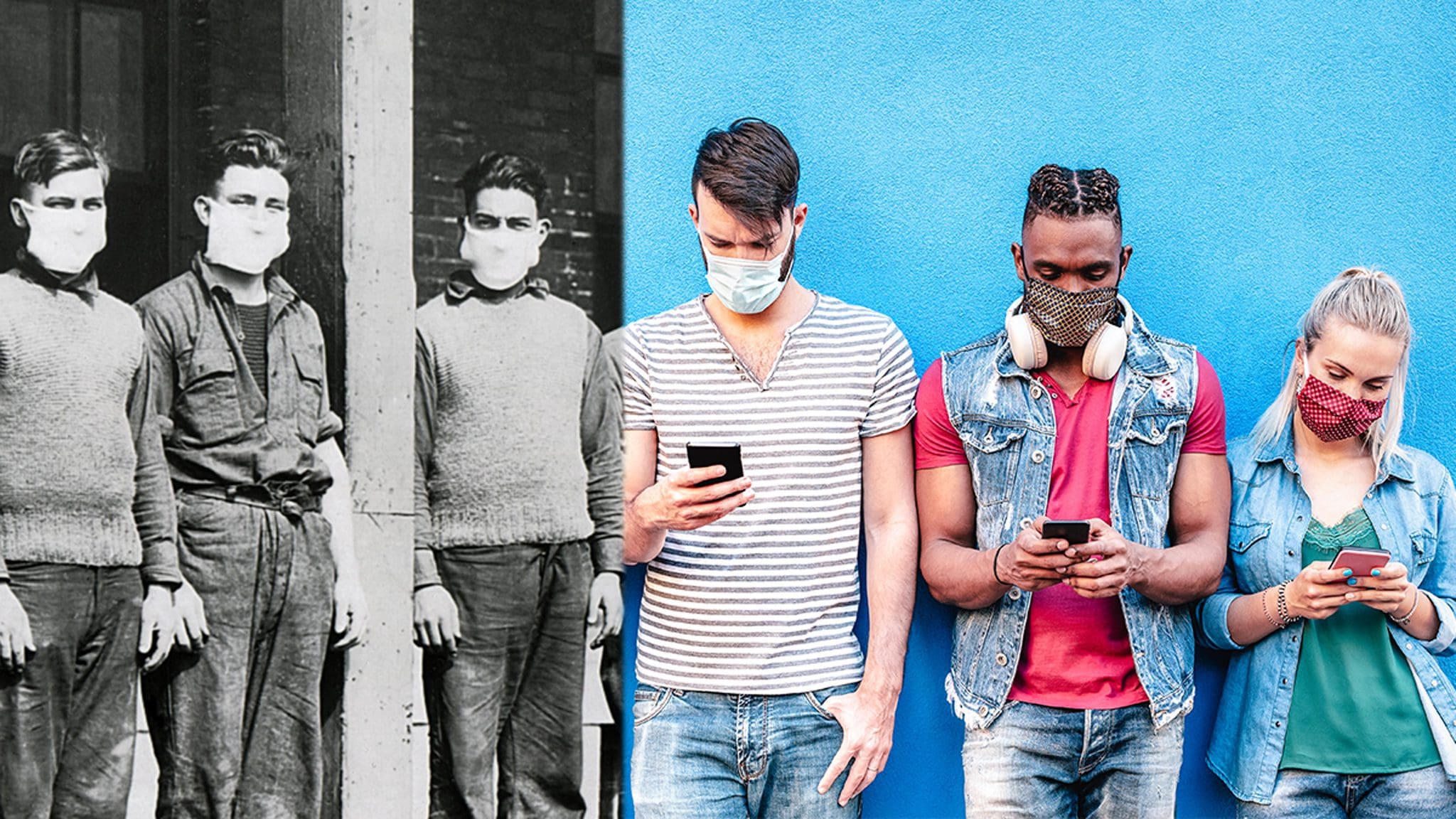 Side to side images to contrast time with the first image in black and white with three young men wearing masks and second image in color with two young men and one young woman wearing masks and on their phones