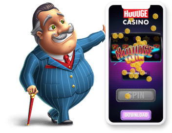 Huuuge casino game with coins displayed on an Iphone with a cartoon character standing next to the life size Iphone
