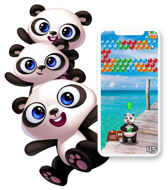 Panda Pop game with three panda characters in a row waving next to a phone with the game on the screen